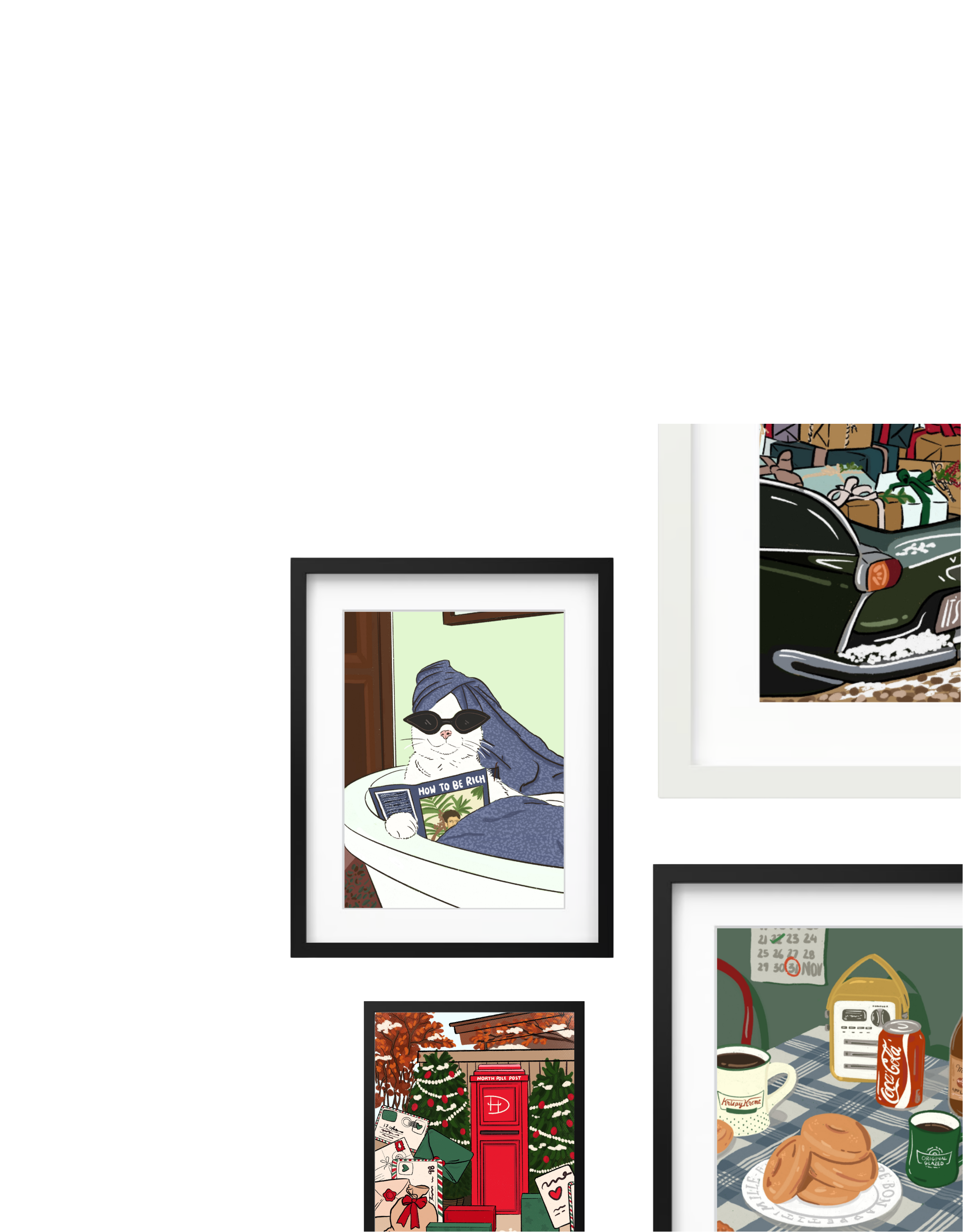 Set of framed artworks on a white wall